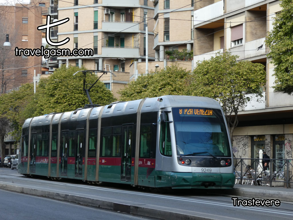 The main street of Trastevere has a recently added tram line.
